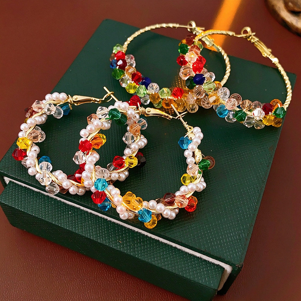 Colorful Crystal Pearl Woven Hoop Earrings 6W6JER833
