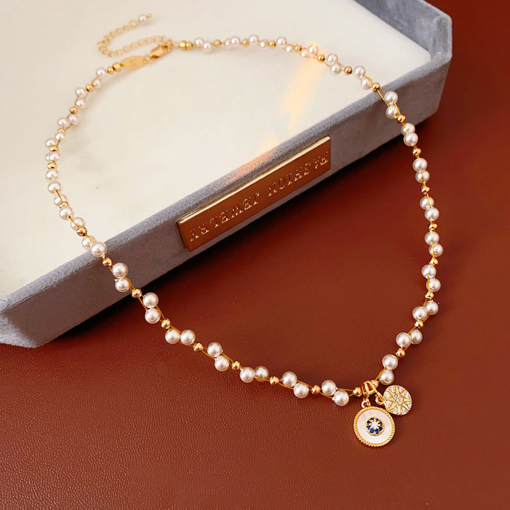 Stylish Rhinestone Eight-Star Pendant Pearl Necklace 6W6JNC969