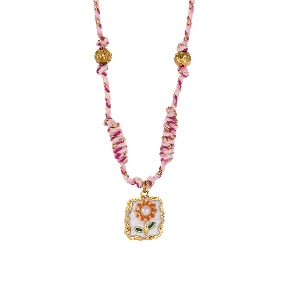 Flower Pendant Braided Necklace - DippedShop Wholesale - #7811