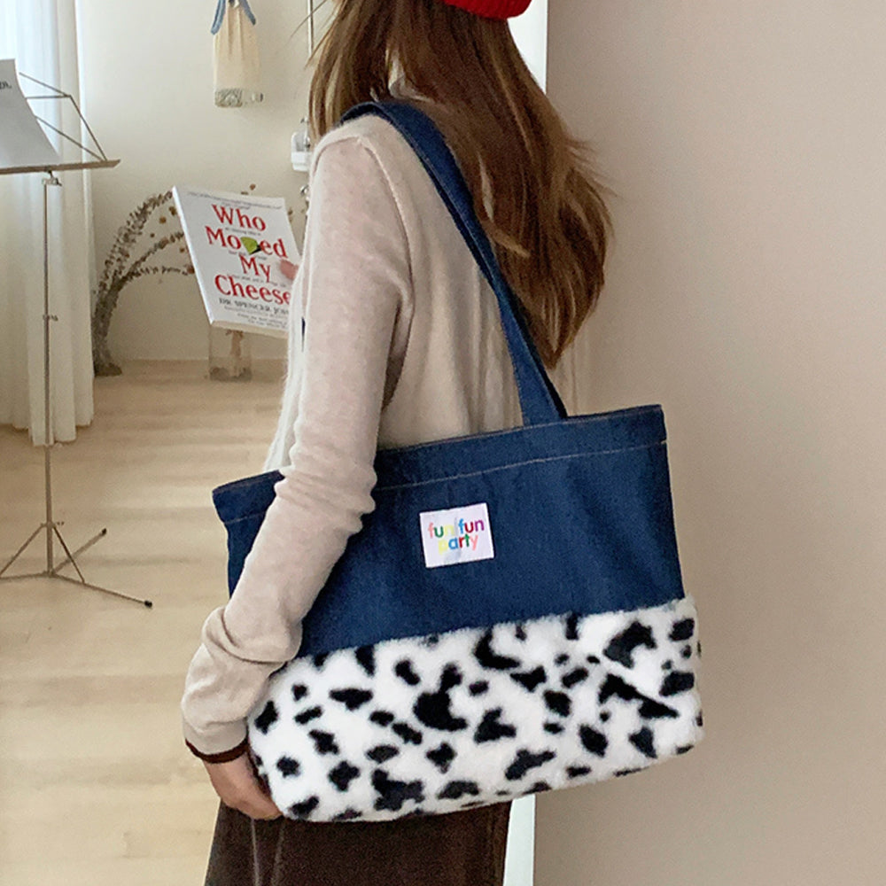 Cow Print Denim Tote Bag - DippedShop Wholesale - #2067