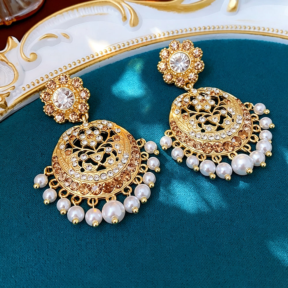 Boho Rhinestone Hollow Pearl Tassel Drop Earrings 6W6JER766