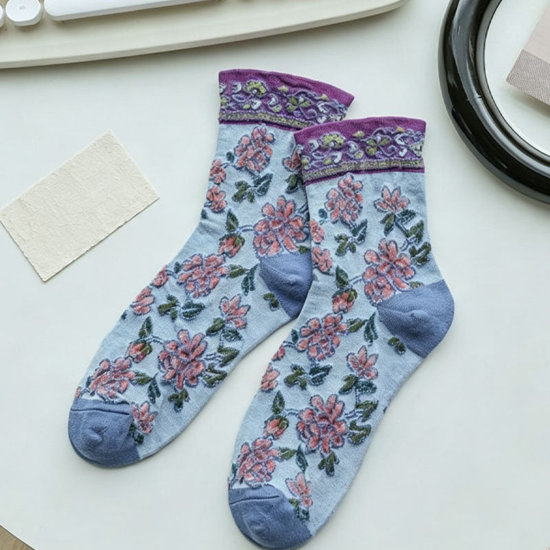 Vintage Floral Embossed Breathable Crew Socks 6W8FSO741