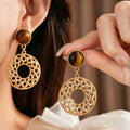 Vintage Tiger Eye Stone Hollow Circle Dangle Earrings 6W6JER774