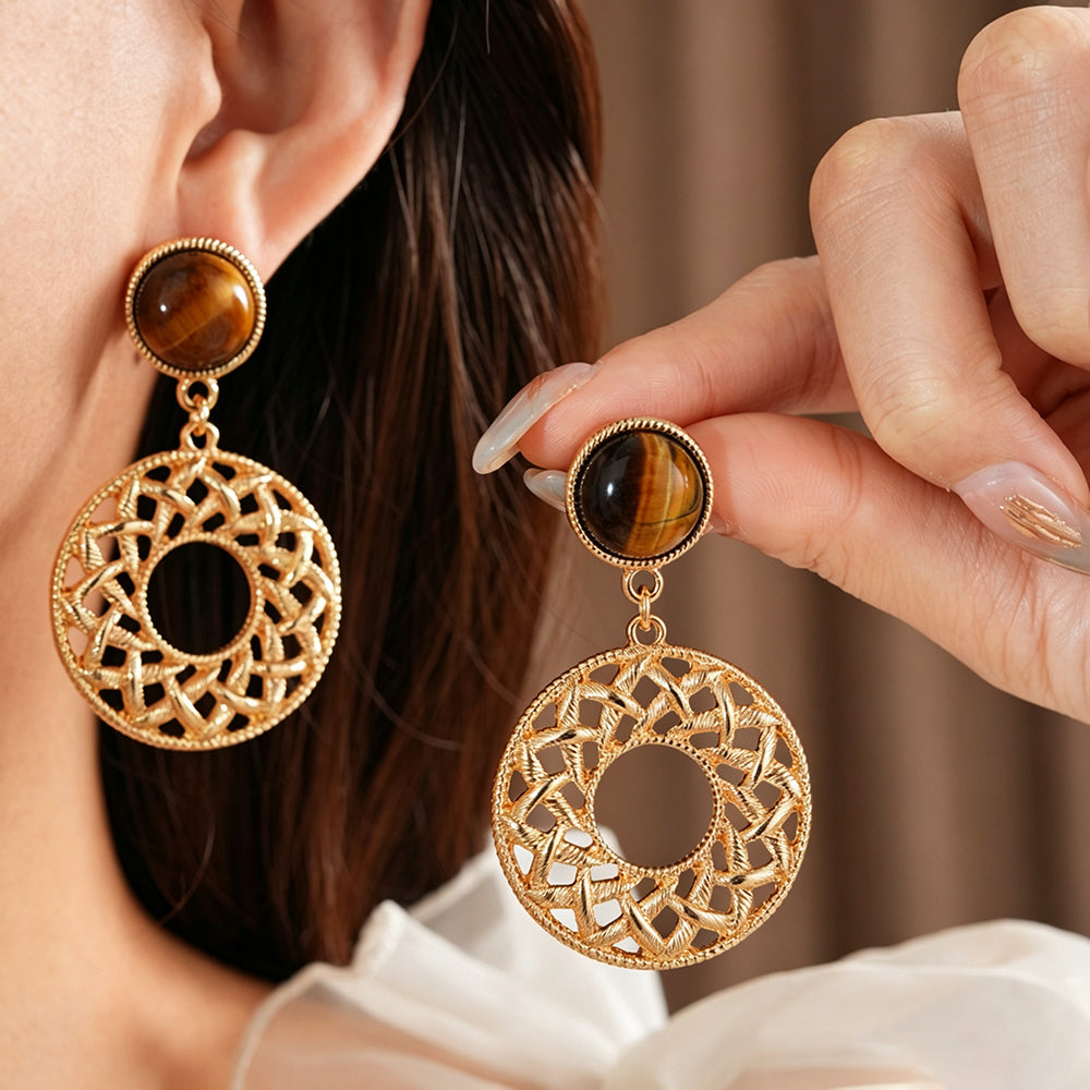 Vintage Tiger Eye Stone Hollow Circle Dangle Earrings 6W6JER774