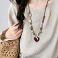 Retro Wooden Heart Stone Bead Chain Necklace 6W6JNC1016