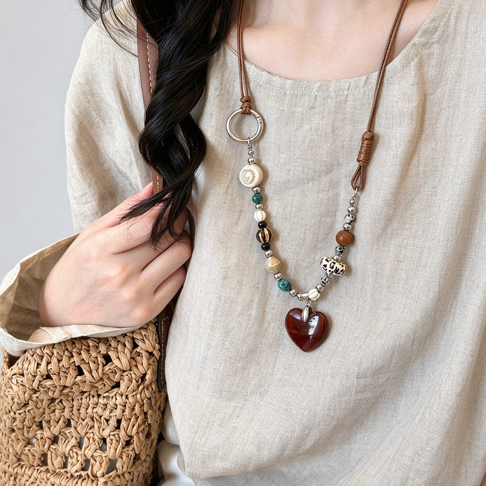 Retro Wooden Heart Stone Bead Chain Necklace 6W6JNC1016