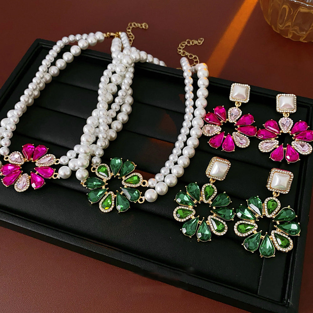 Elegant Rhinestone Floral Pendant Pearl Double Layer Necklace 6W6JNC918