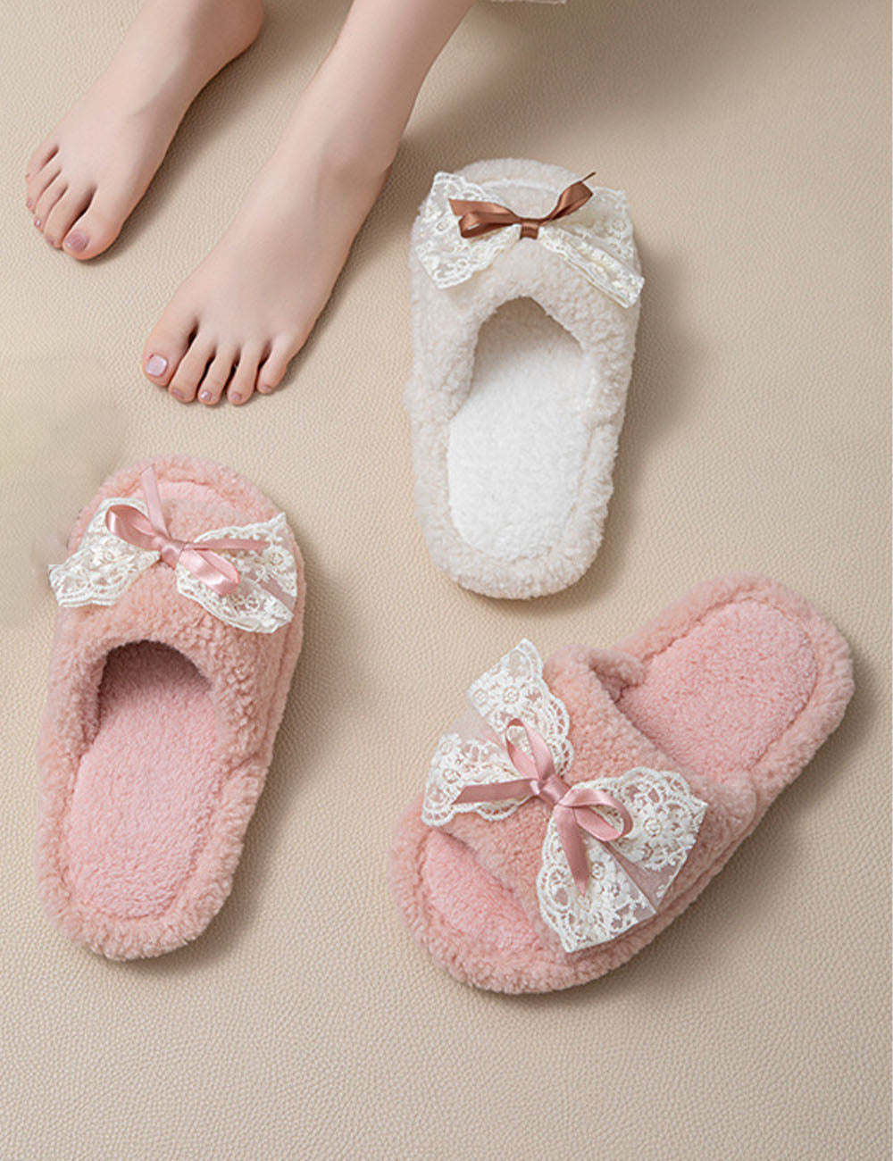 Lace Bow Cotton Slippers - DippedShop Wholesale - #4755