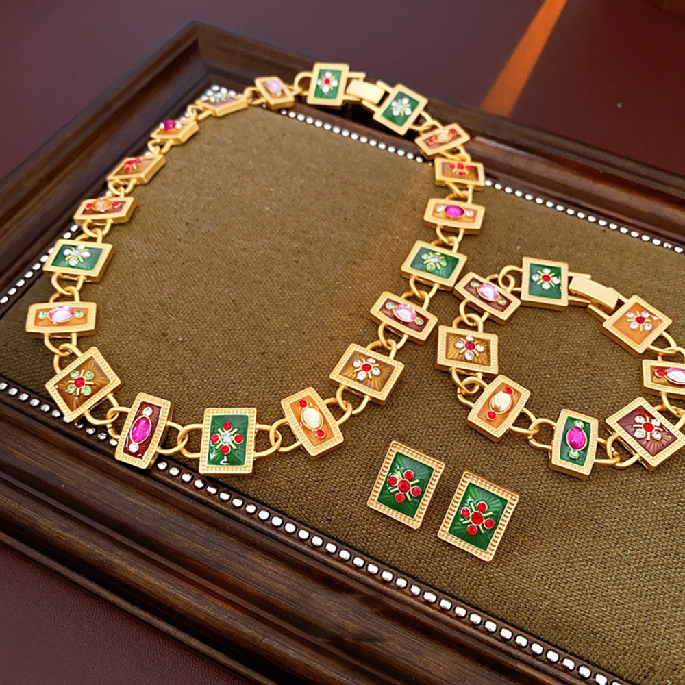 Vintage Rhinestone Floral Geometry Chain Necklace 6W6JNC919