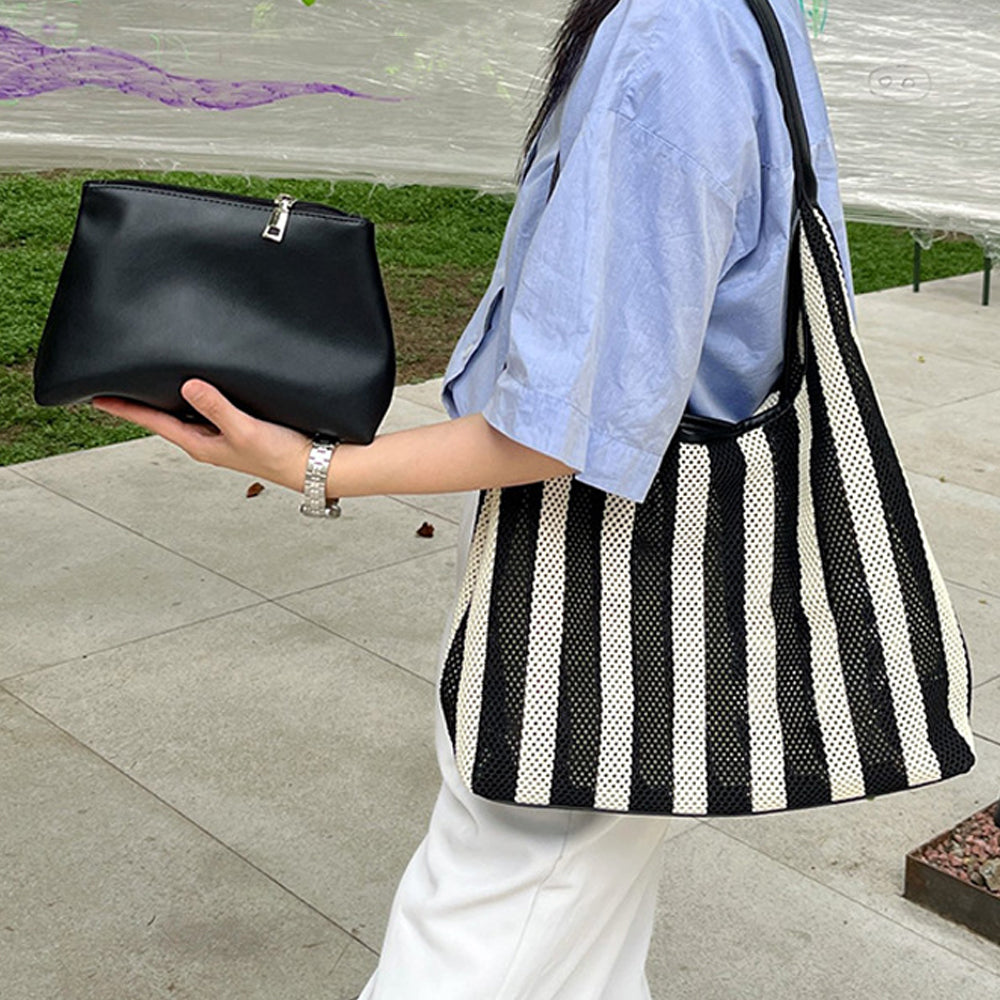 Simple Striped Color Block Mesh Shoulder Bag 6W10BBG2382