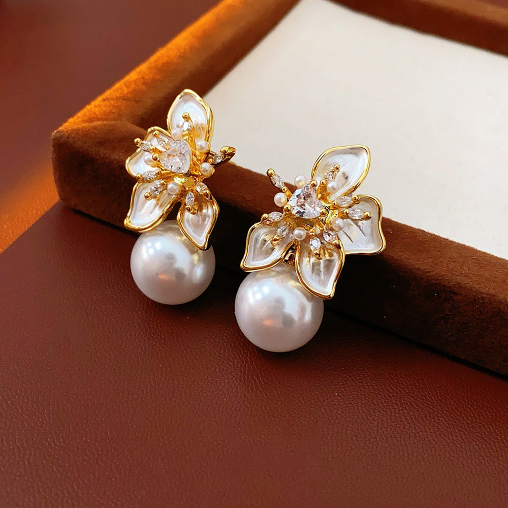 Elegant Cubic Zirconia Flower Pearl Dangle Earrings 6W6JER738
