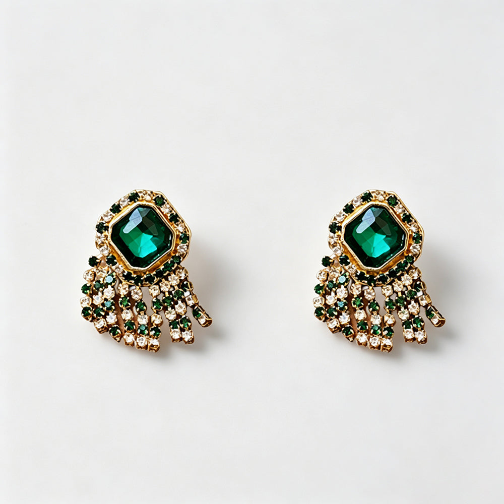 Vintage Emerald Crystal Tassel Dangle Earrings 6W6JER759