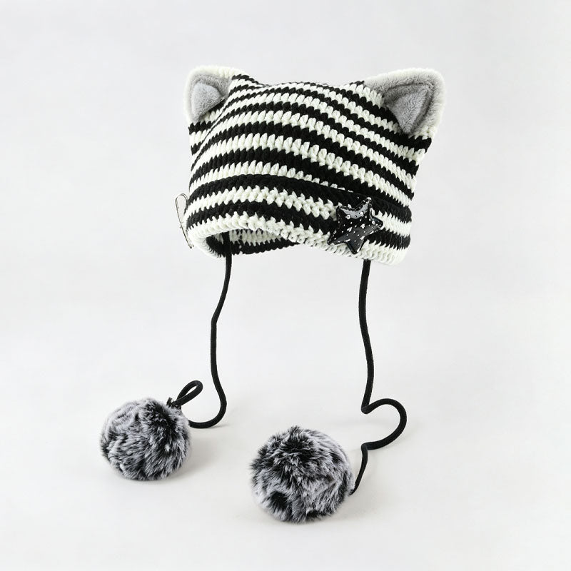 Cute Striped Cat Ear Beanie Hat With Pompoms 6W6HAT524