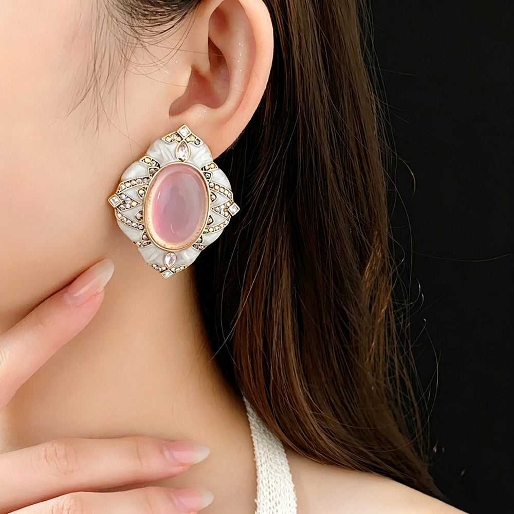 Vintage Oval Gemstone Rhinestone Stud Earrings 6W6JER730