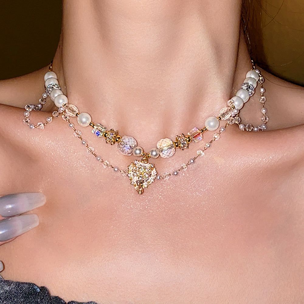 Chic Double Layer Rhinestones Heart Pendant Necklace 6W6JNC927