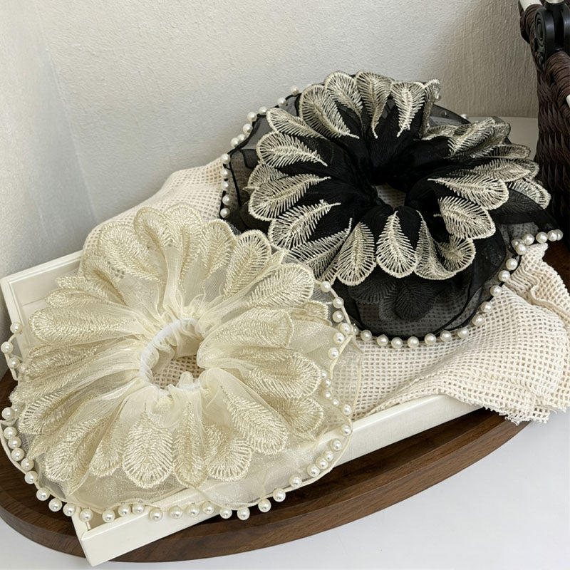 Elegant Feather Embroidery Pearl Decor Scrunchies 6W6HSR383