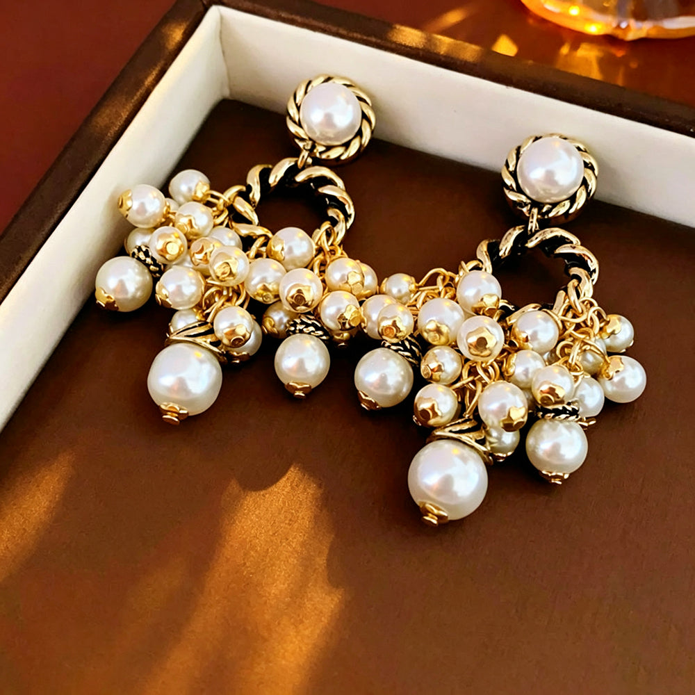 Gold Pearl Cluster Tassel Drop Earrings 6W6JER792