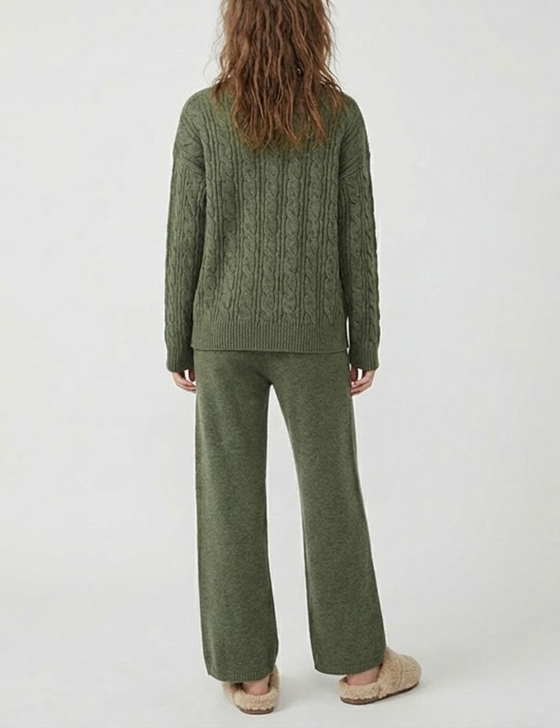 Cable Knit V-Neck Sweater Wide Leg Pants Set DP25H650