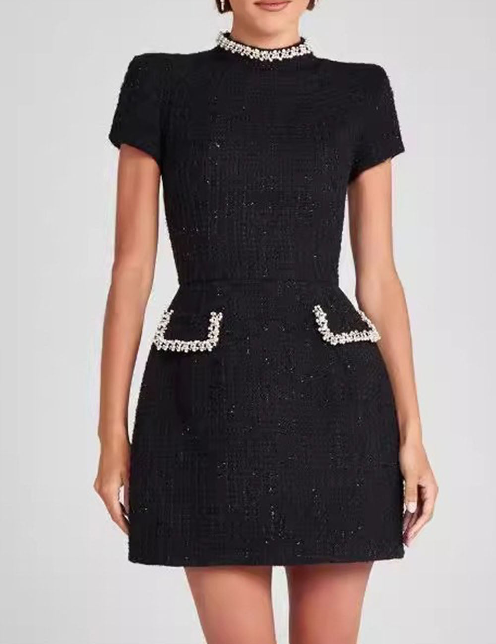 Pearl-Trimmed Slim Tweed Mini Dress DP25E670