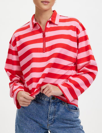 Cozy Striped Lapel Zip Polo Sweatshirt DP25F415