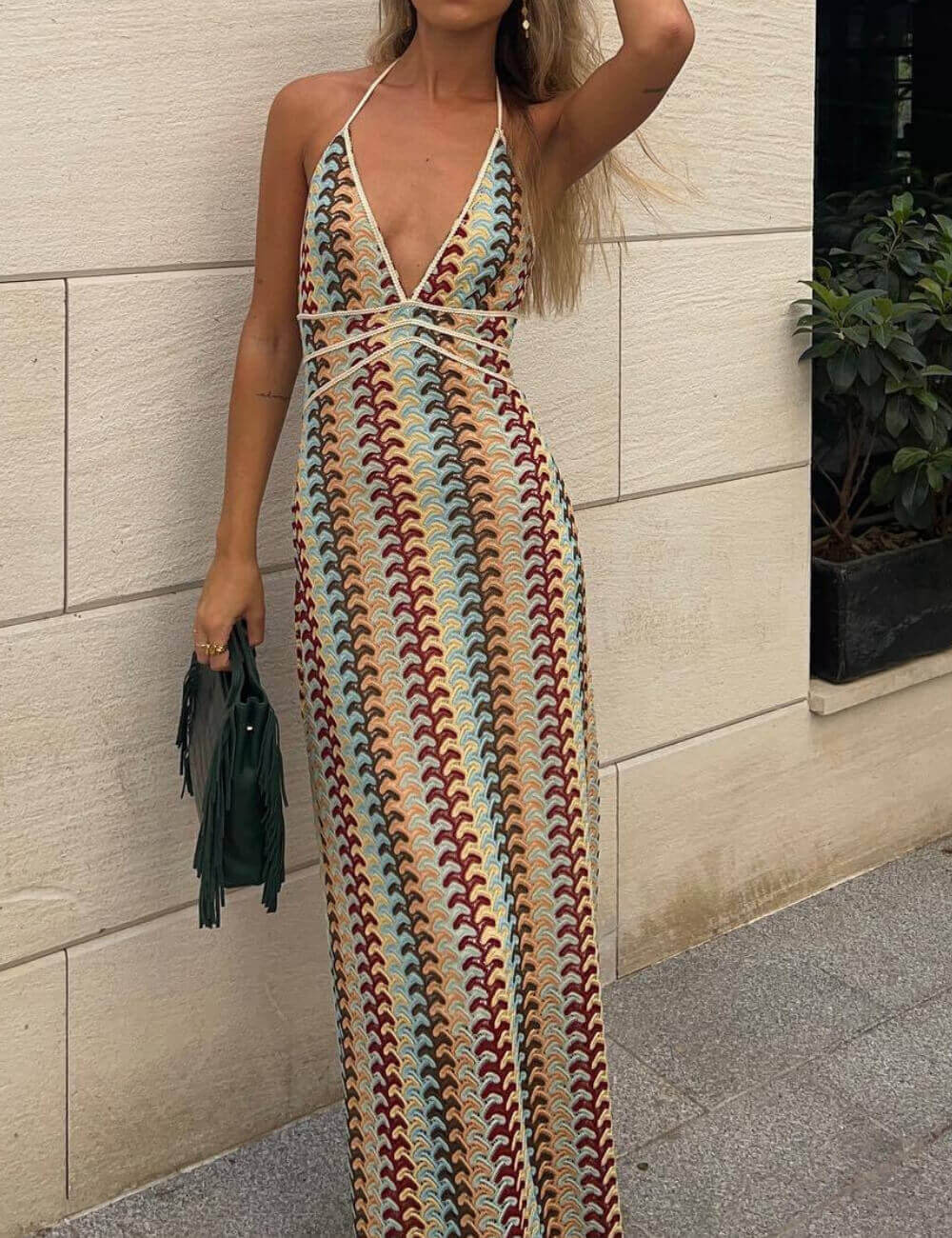 Crochet Printed Spaghetti Strap Maxi Dress DP25C536