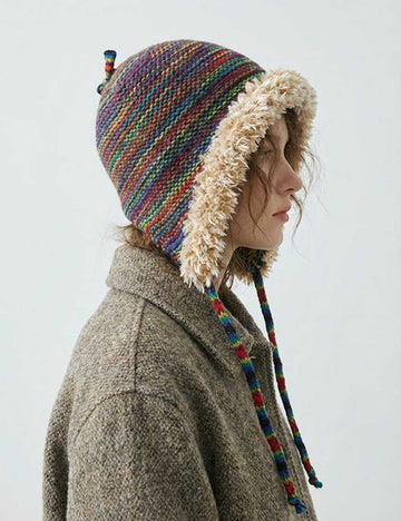Winter Warm Plush Rainbow Striped Knit Beanie DP25H720