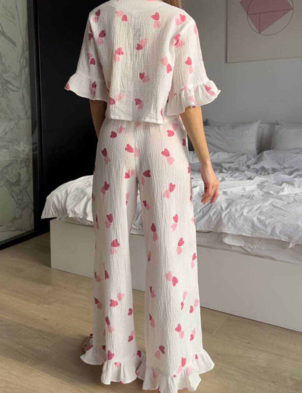 Elegant Print Ruffled Short Sleeve Pajamas Set DP25F882