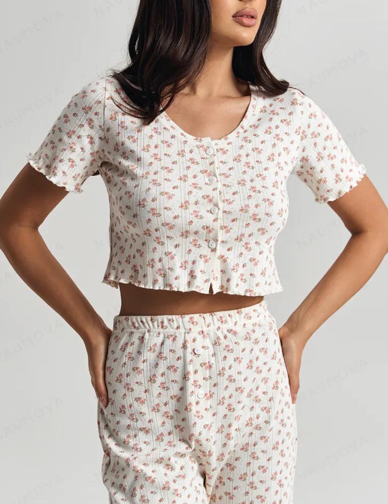 Floral Print Ruffle Top Pants Loungewear Set DP25F496