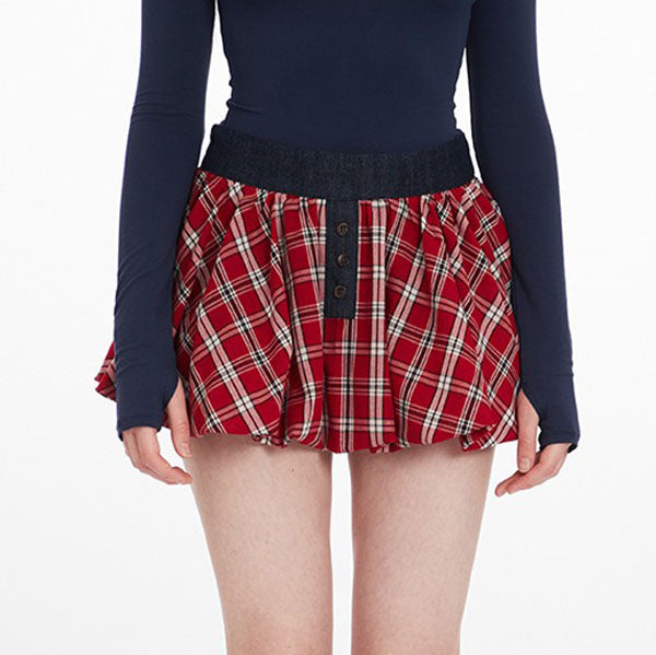 Plaid Pleated Puff Mini Skirt DP25F419