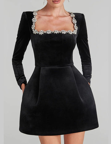 Elegant Velvet Rhinestone Trim Mini Dress DP25E676