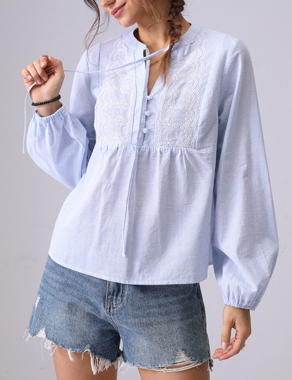 Striped Embroidered V-Neck String Shirt DP25C860