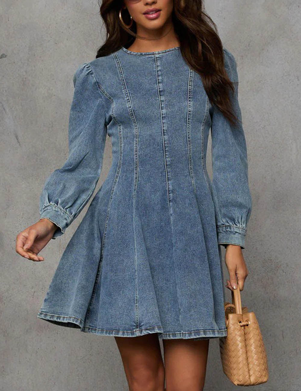 Splicing Washed Long Sleeves Denim Mini Dress DP25E656