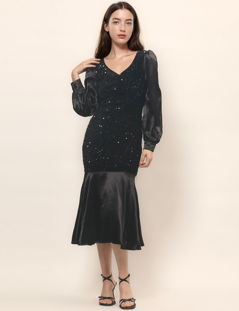 Black Velvet V-Neck Sequin Sexy Midi Party Dress DPD4857