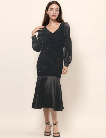 Black Velvet V-Neck Sequin Sexy Midi Party Dress DPD4857