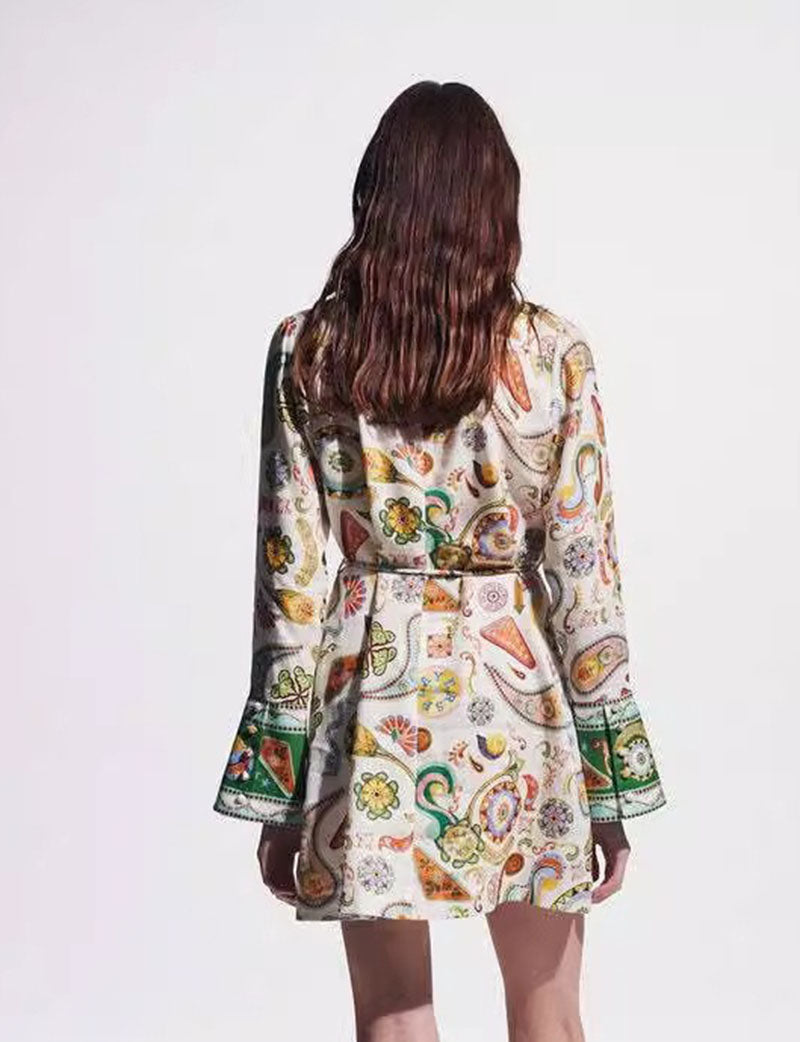 Lapel Floral Print String Waist Mini Dress DP25E661