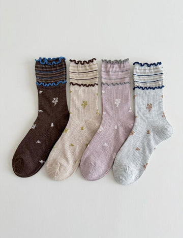 Ruffle Floral Mid Calf Socks - DippedShop Wholesale - #0659