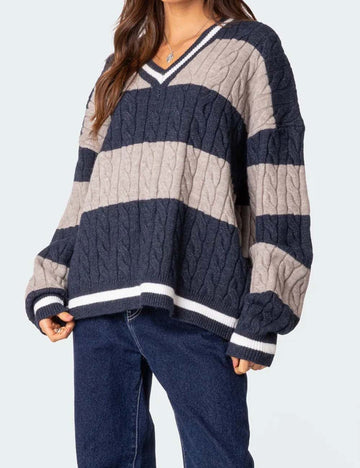 Color Block Striped V-Neck Oversized Sweater DP25F534