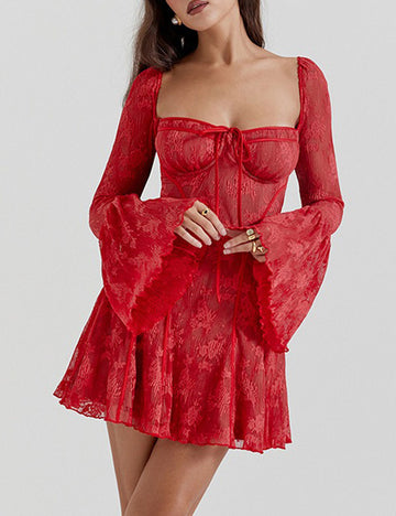 Lace Backless Wrap Floral Sleeves Mini Dress DP25E683
