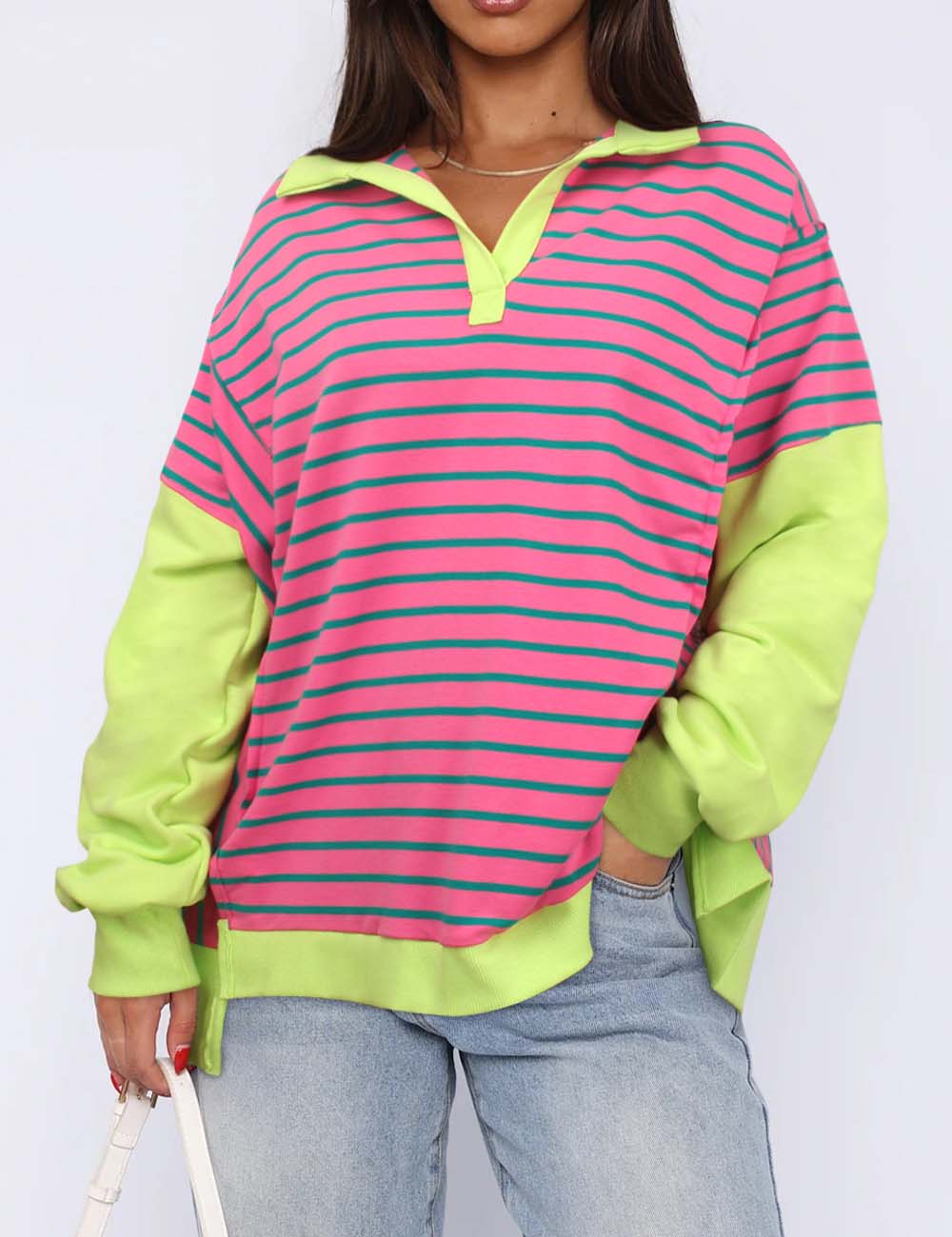 Minimalist Lapel Collar Striped Color Block Top DP25E473