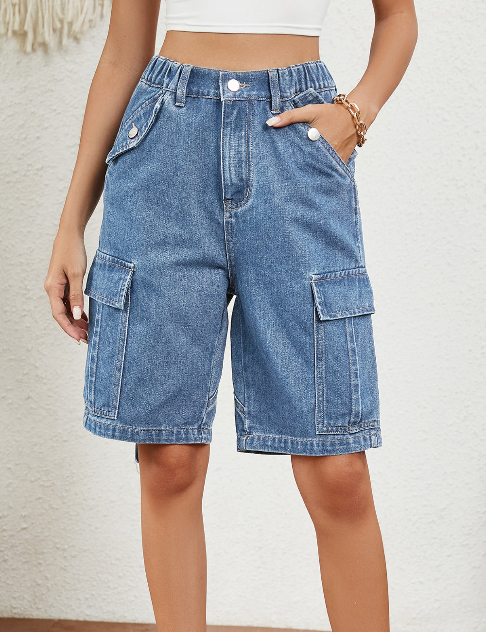 Stylish Mid Waisted Denim Cargo Bermuda Shorts DP25B692