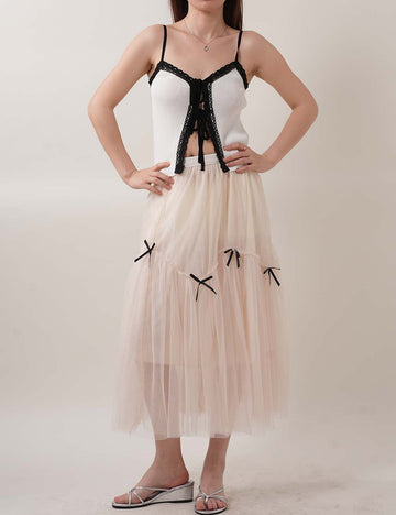 Bow Tulle Layered Mesh A-Line Miid Skirt DP25C833