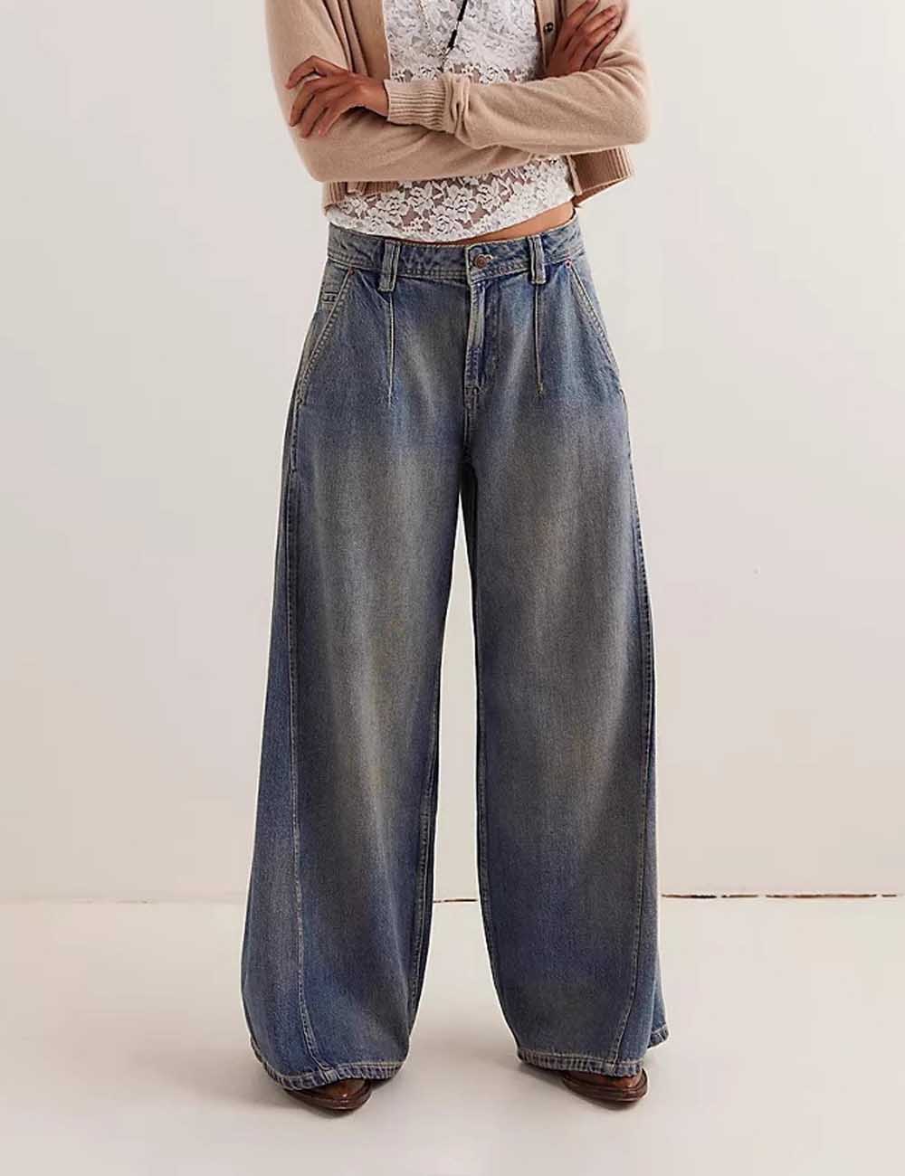 Distressed Washed Mid Waist  Wide Leg Denim Pants DP25G694
