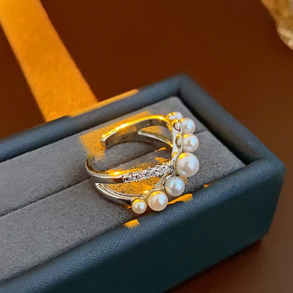 Elegant Cubic Zirconia Cross Pearl Open Ring 6W6JRG365