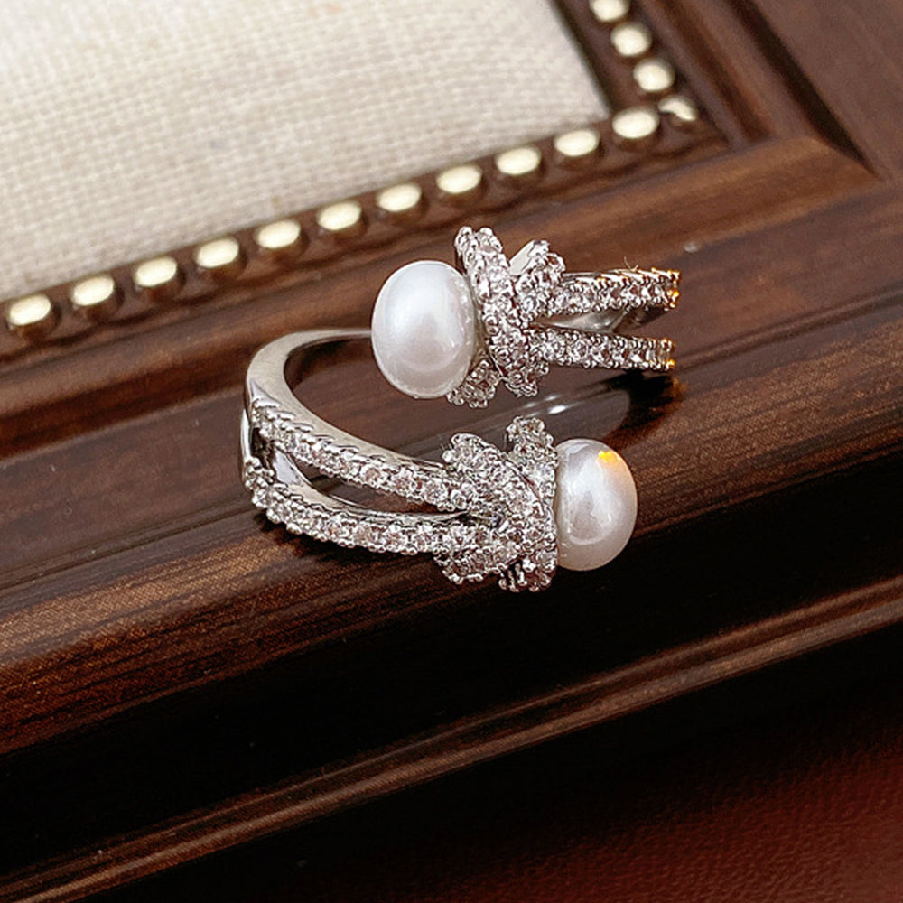 Elegant Cubic Zirconia Knot Pearl Open Ring 6W6JRG366