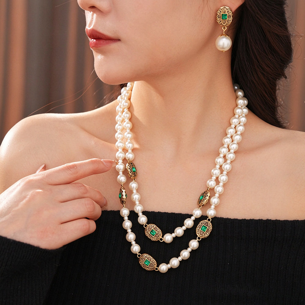Vintage Double Layer Rhinestone Geometry Pearl Necklace 6W6JNC951