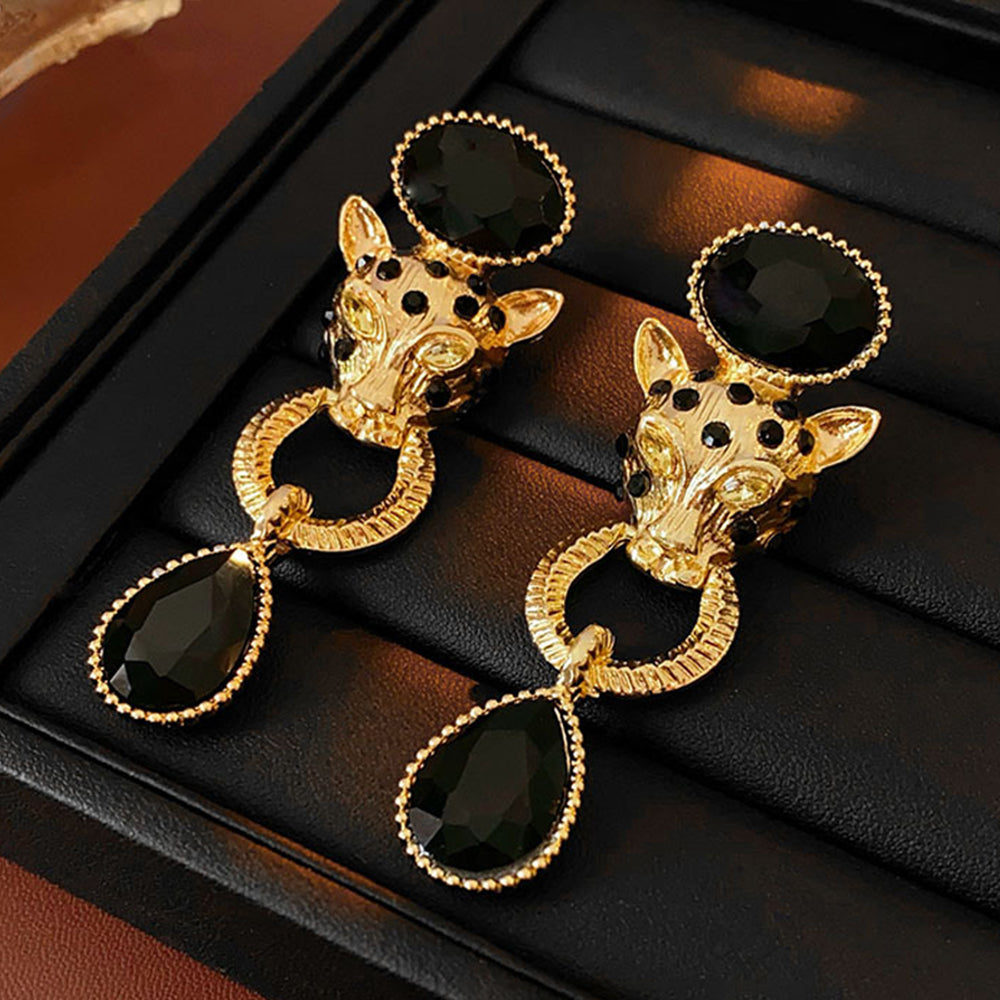 Vintage Rhinestone Gold Plated Tiger Head Drop Earrings 6W6JER821