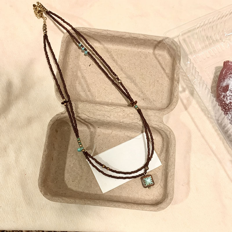 Vintage Double Layer Beaded Chain Square Pendant Necklace 6W6JNC658