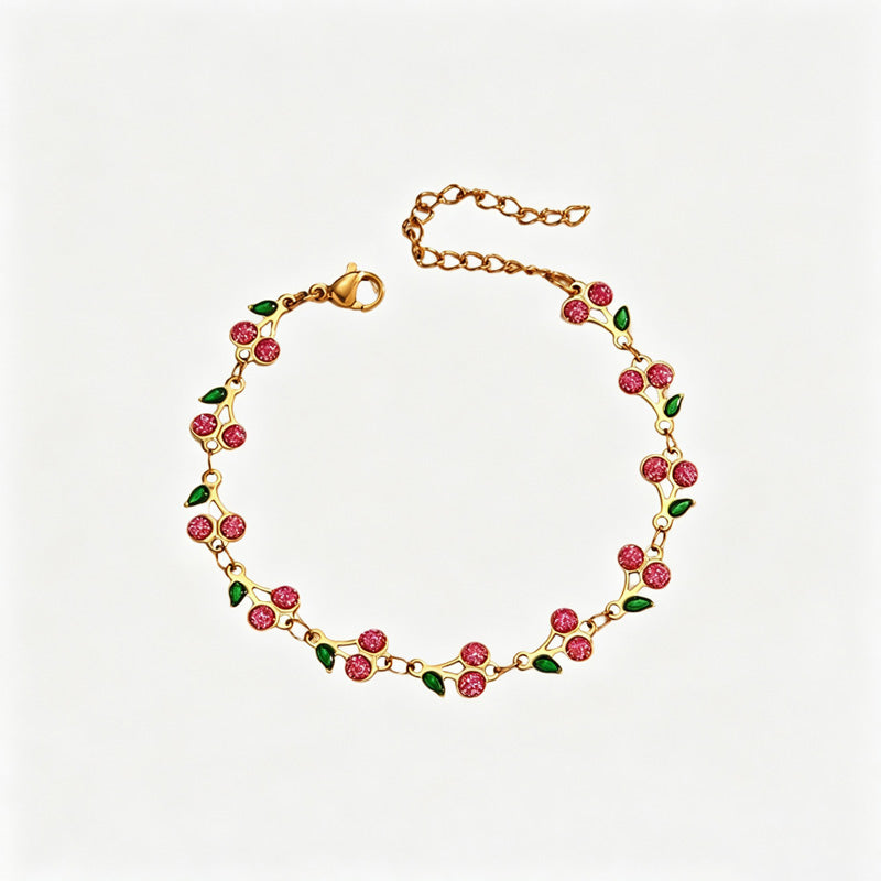 Cute Cherry Rhinestone Gold Plated Chain Bracelet 6W6JBR516