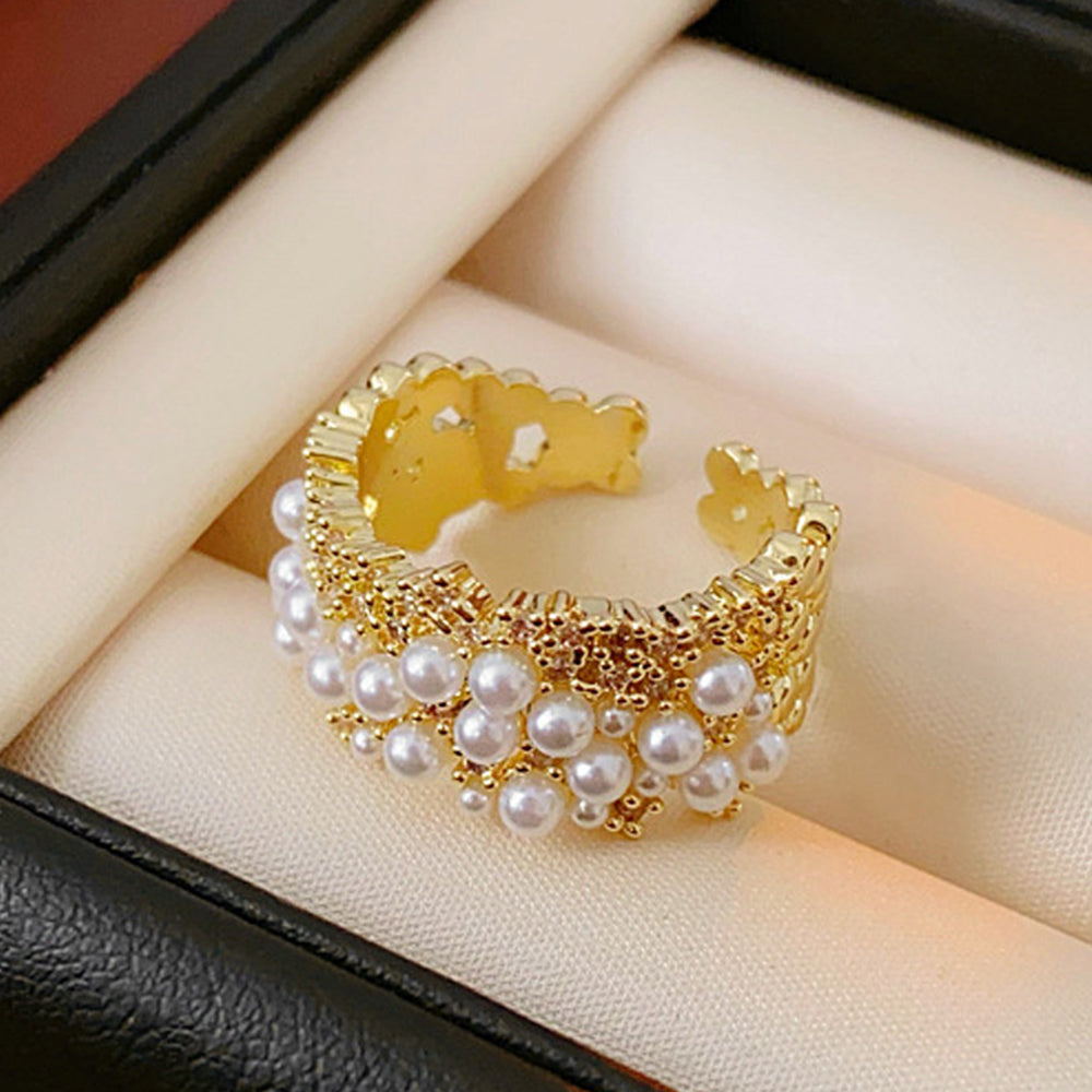 Luxury Pearl Gold Plated Cubic Zirconia Open Ring 6W6JRG383