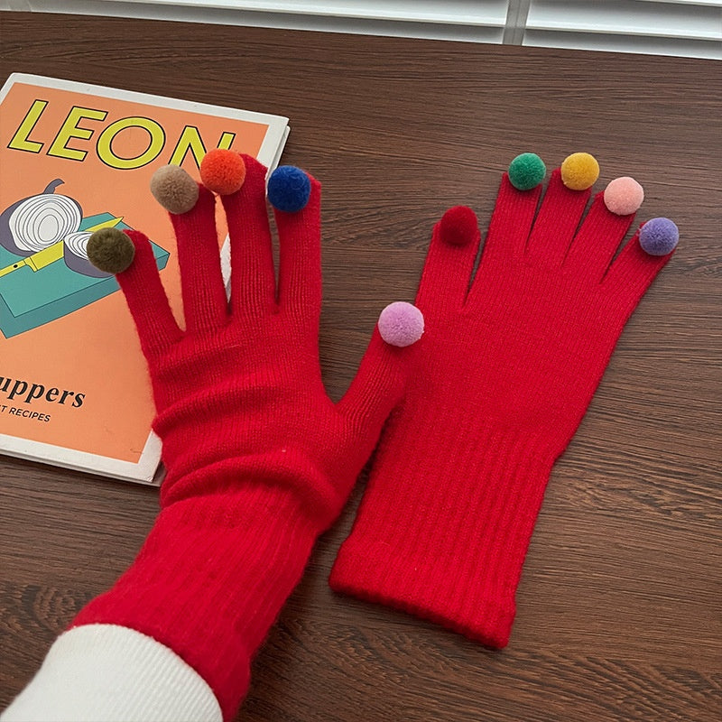 Cute Colorful Plush Ball Decor Warm Knit Gloves 6W6GLO93